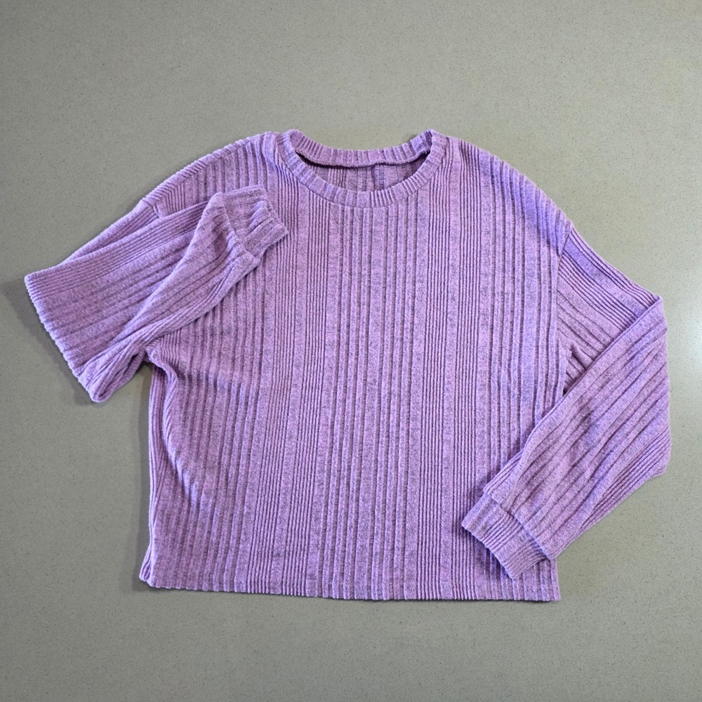 Lavender Purple Ribbed Knit Long Sleeve Crew Neck Top Small